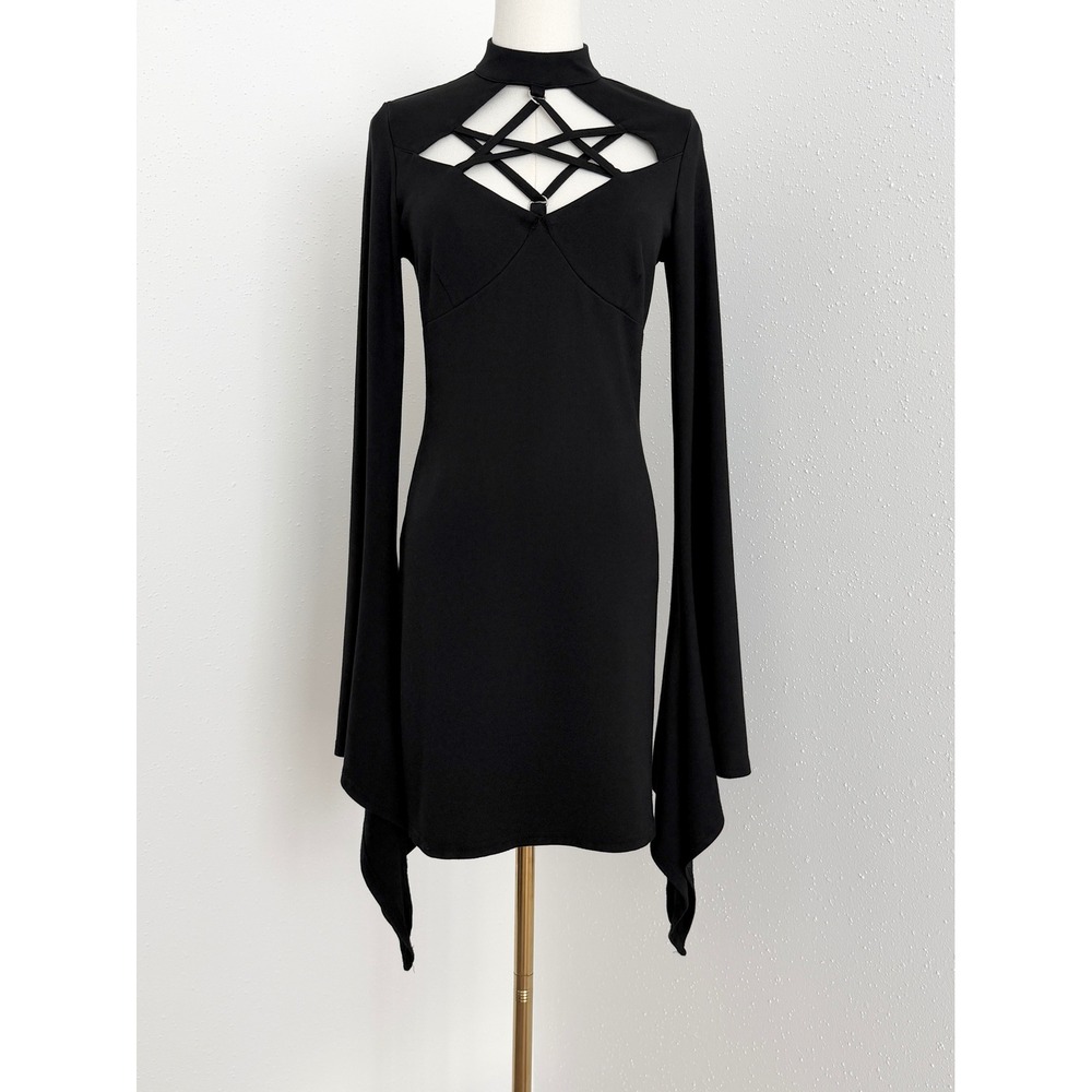 Killstar Witchural Black Bodycon Dress Long Bell Sleeves Goth Witchy Vampy M